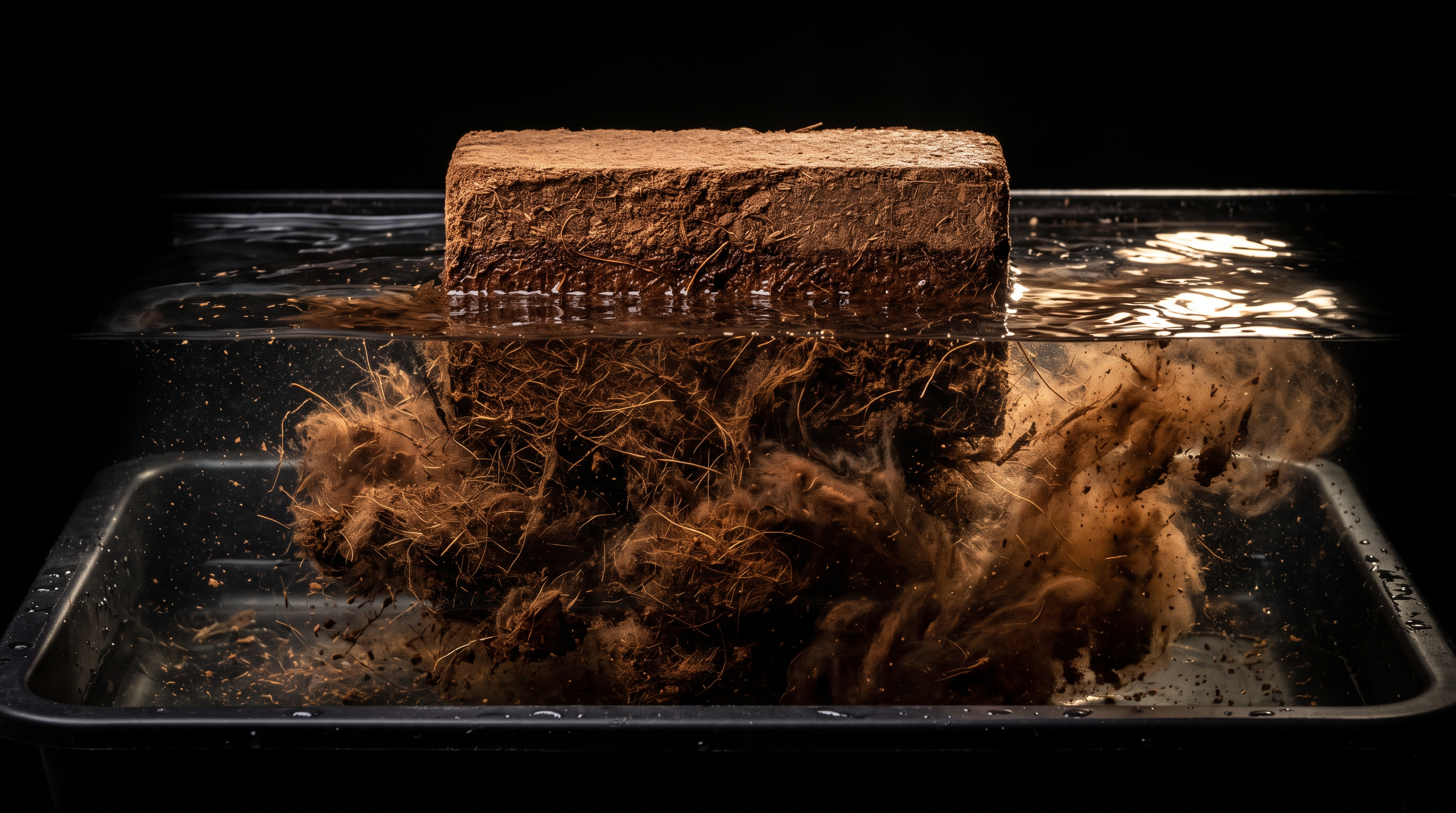 A compressed coco peat block expanding in water