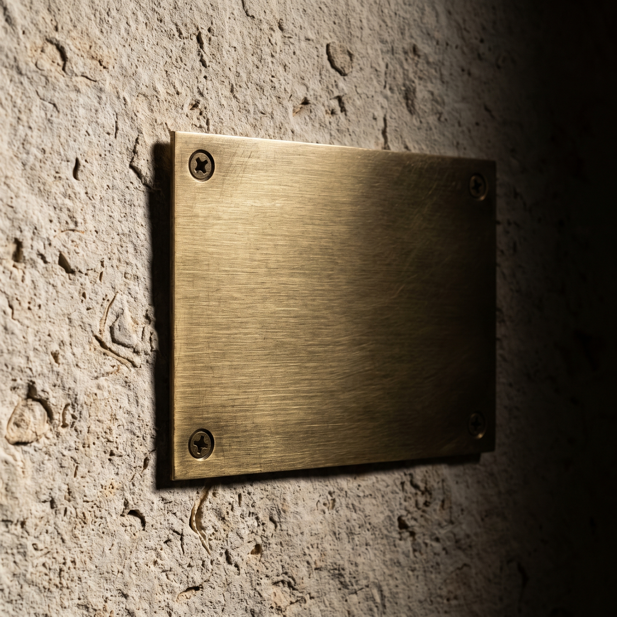 A brushed brass plaque with four countersunk screws, dark still life