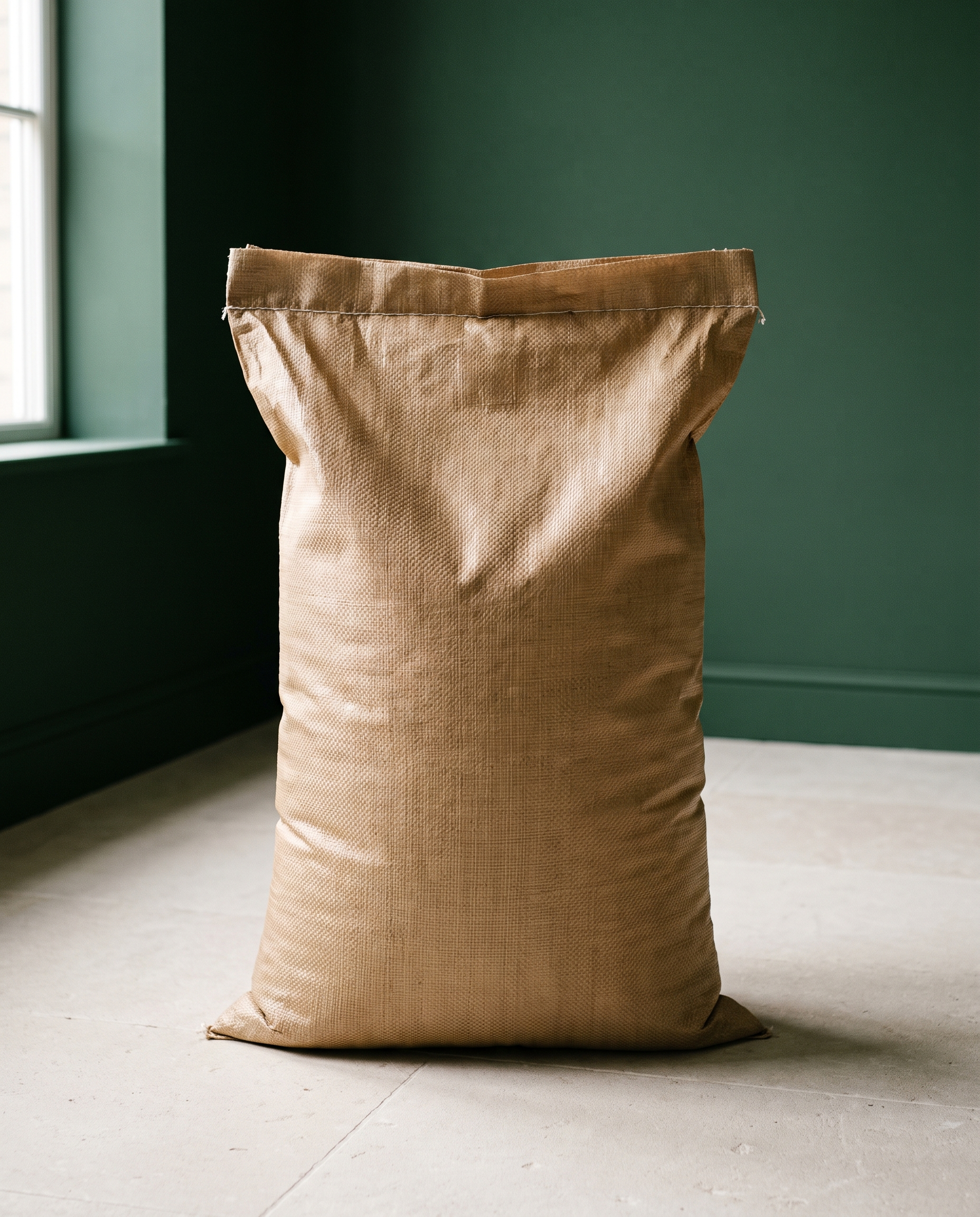 A filled kraft-brown woven sack of growing medium