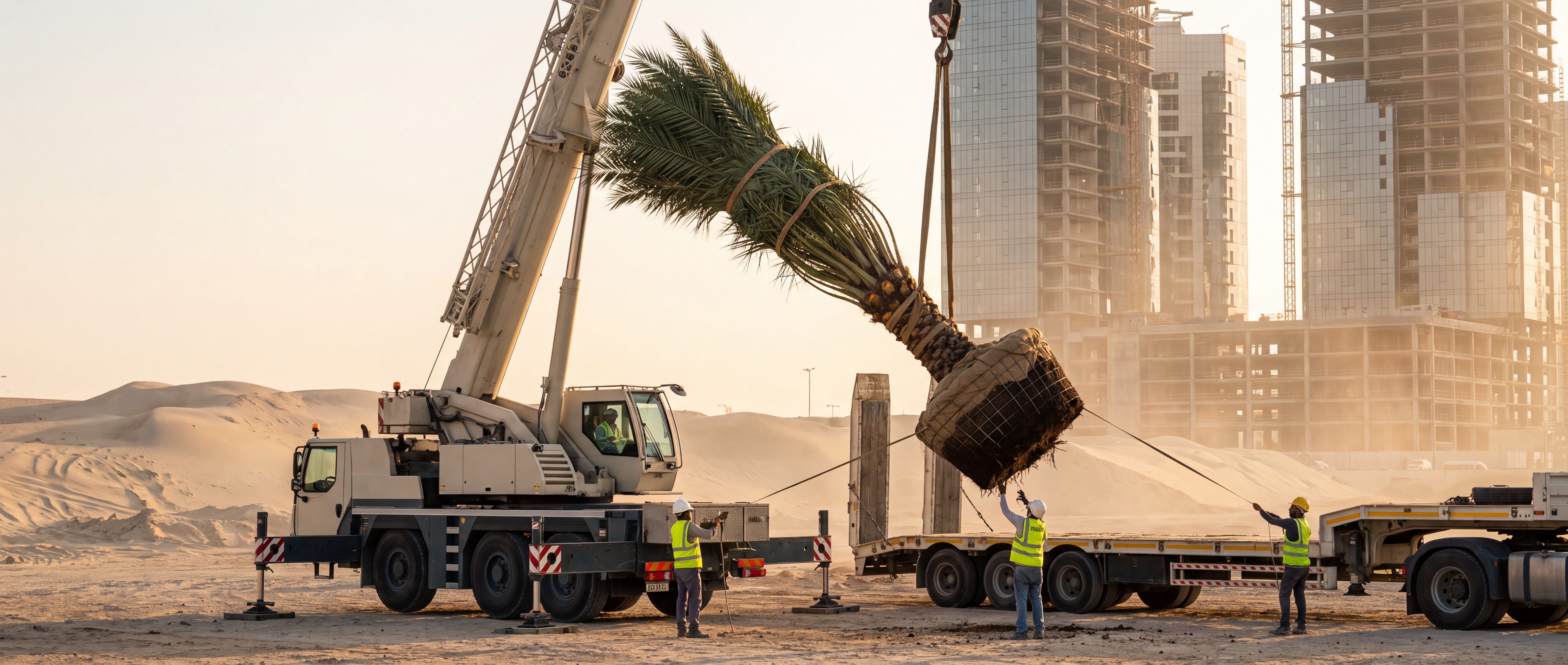 A mobile crane lifting a fully mature date palm, crown bound and root ball wrapped in hessian and wire