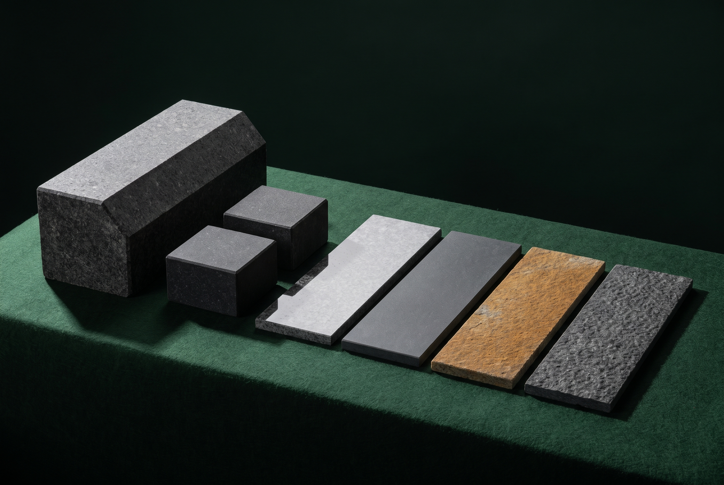 A granite specification set laid out on deep forest-green felt