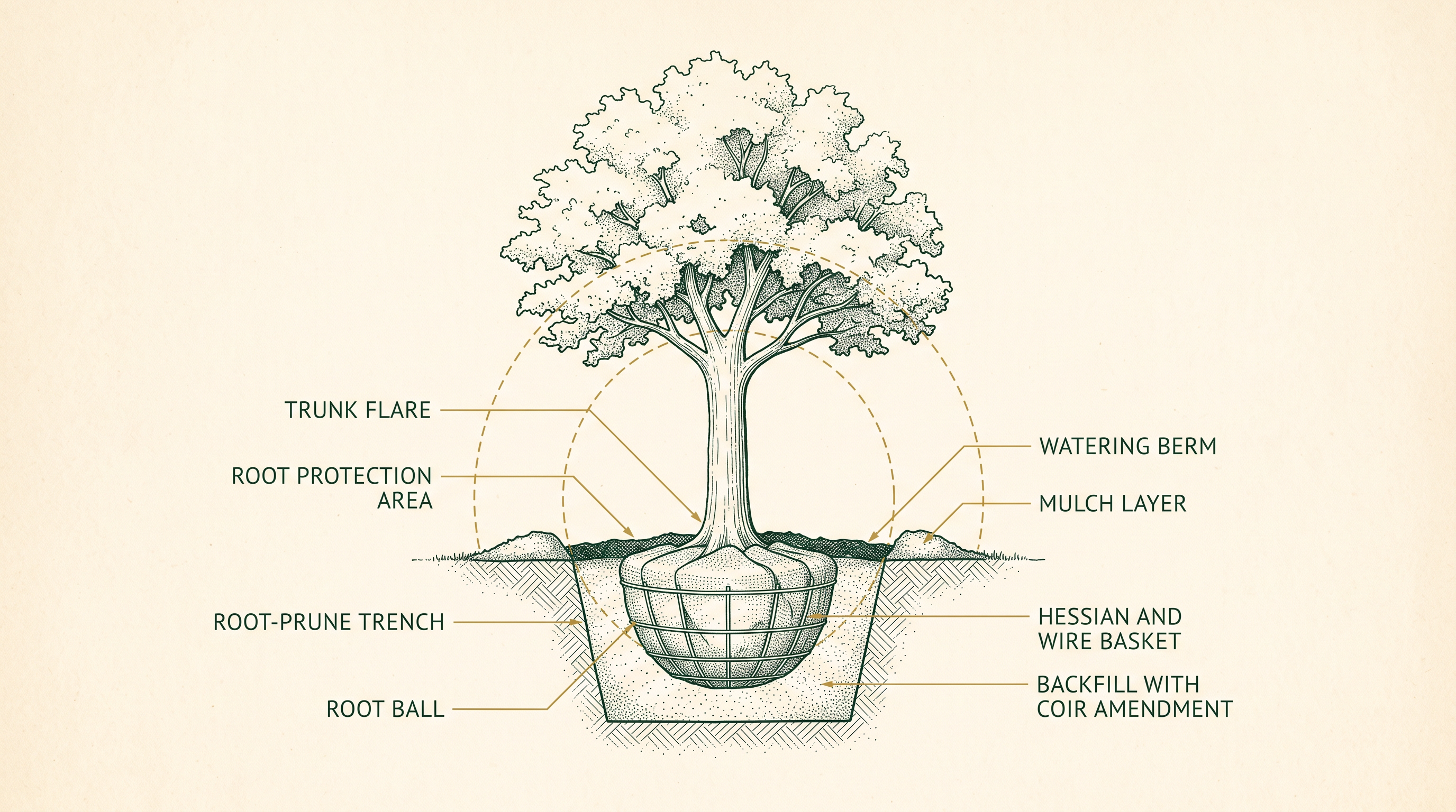 Hand-drafted technical cross-section diagram on limestone-cream paper