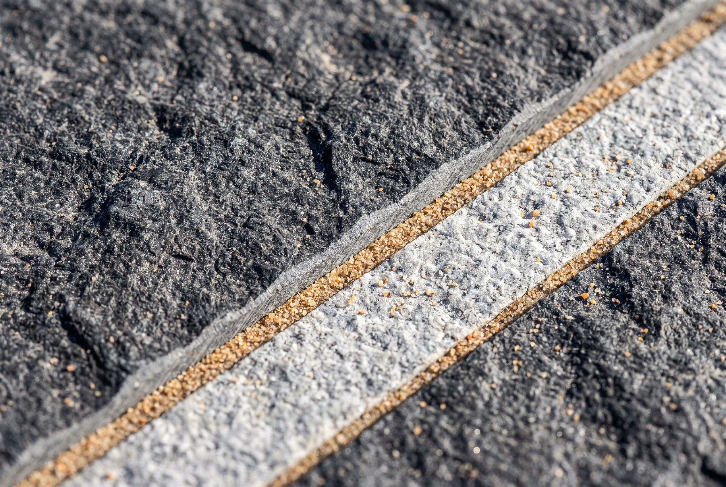 Macro of flamed thermal-finish dark grey granite paving at a raking angle