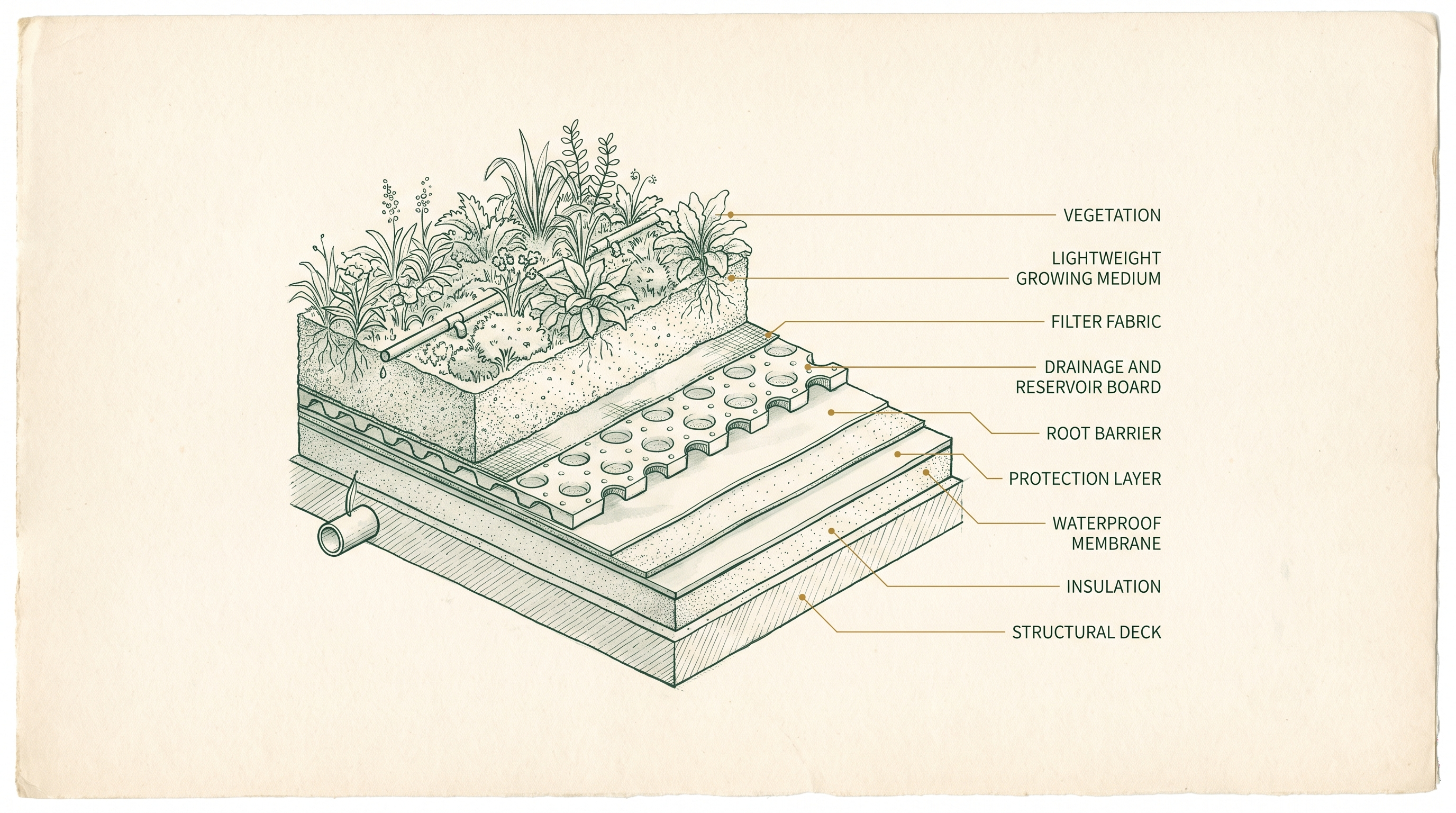 Hand-drafted technical cross-section diagram on limestone-cream paper