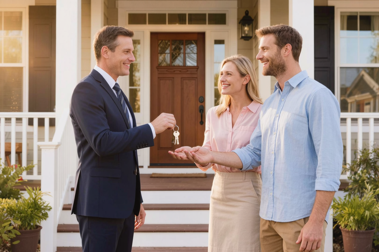 Property manager handing keys to a happy couple at a home
