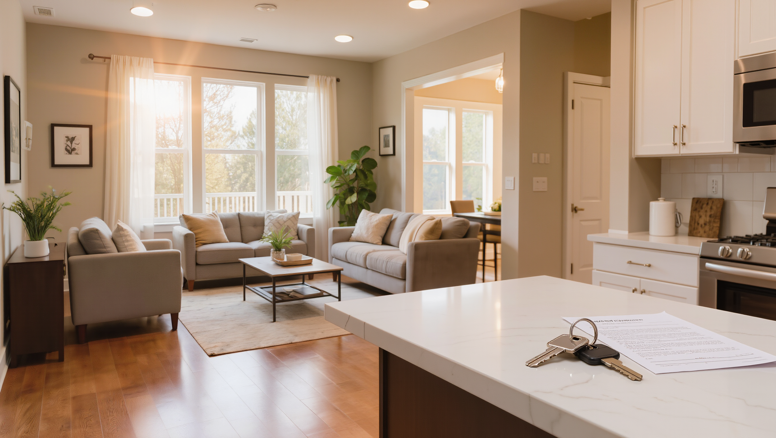 Clean, move-in ready rental living room with keys and a lease on the counter