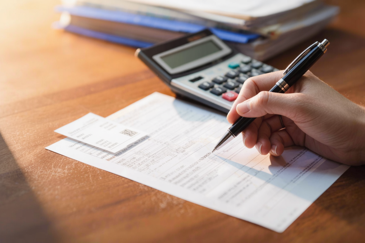 Hand writing an itemized security deposit statement with a calculator