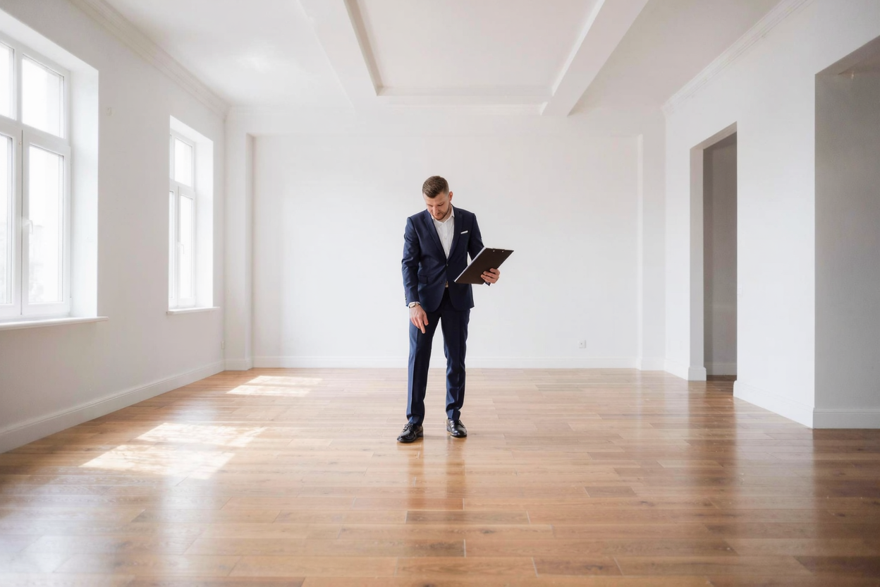 Property manager performing a move-out inspection in a clean empty room
