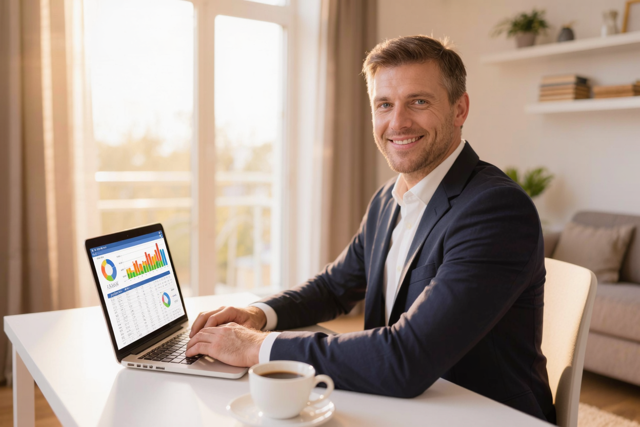 Owner reviewing rental market data and a pricing chart on a laptop