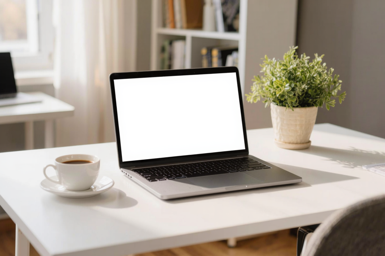 Tidy home office desk with a laptop, managing a rental remotely