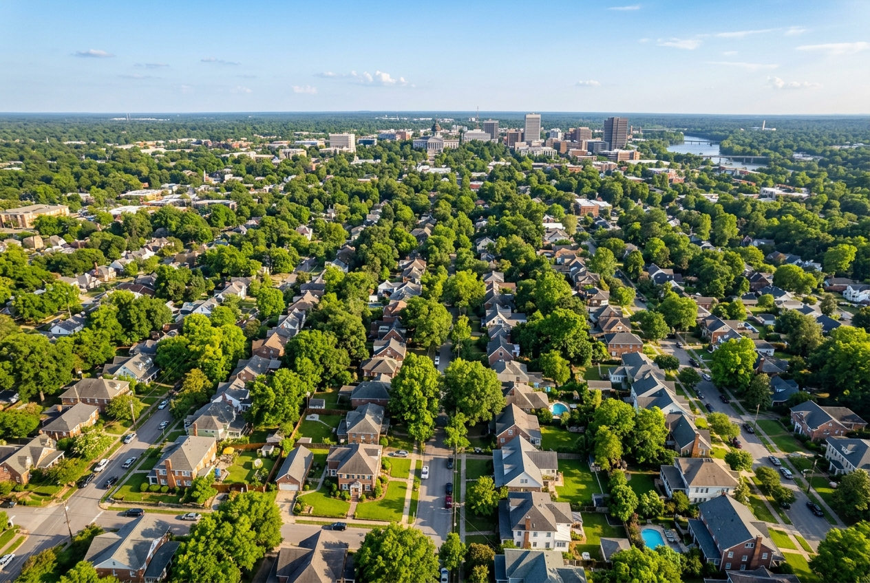 Aerial view of Columbia, SC residential neighborhoods