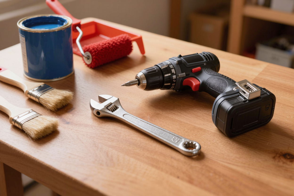 Neatly organized home maintenance tools on a workbench