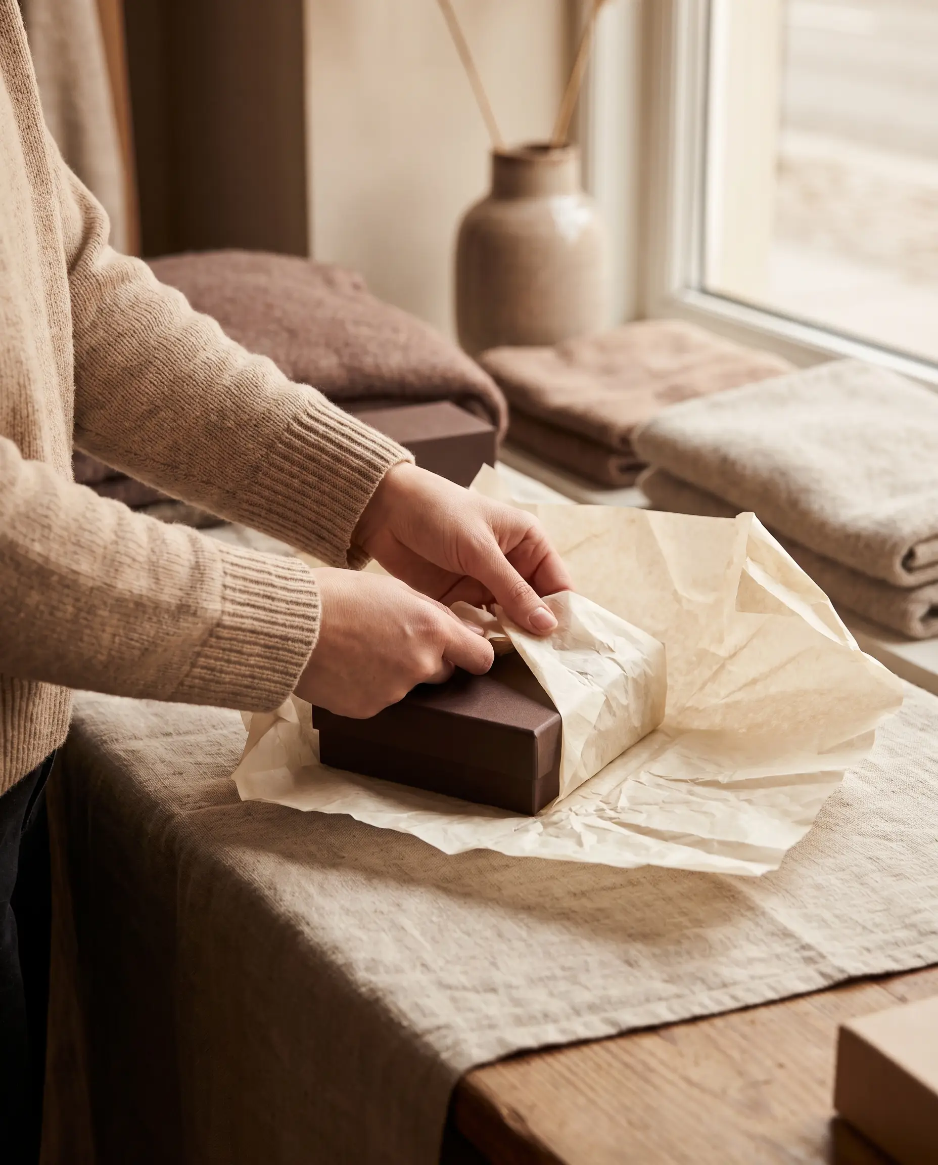 Manos envolviendo con cuidado una compra en papel de seda sobre lino