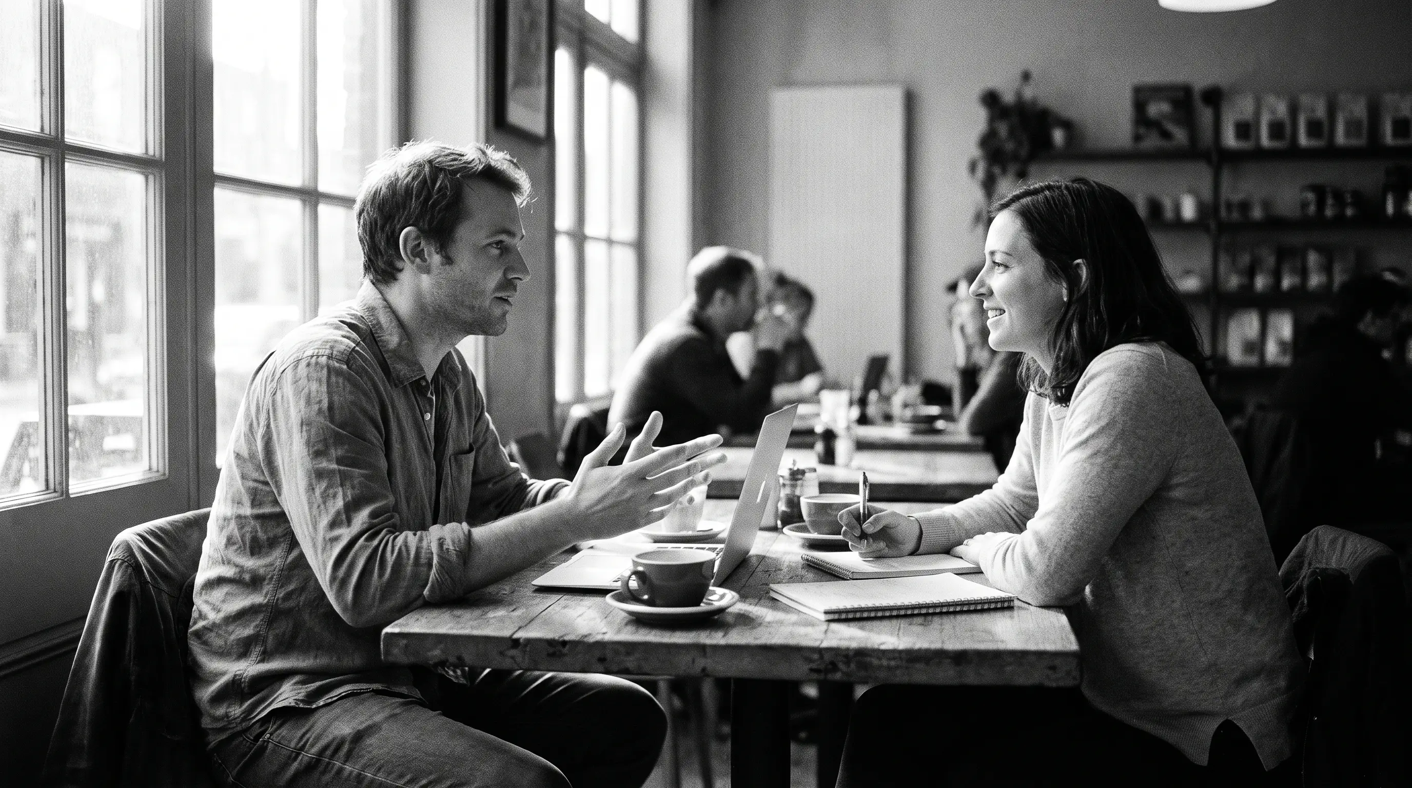 Dos personas conversando sobre un negocio en una mesa de café
