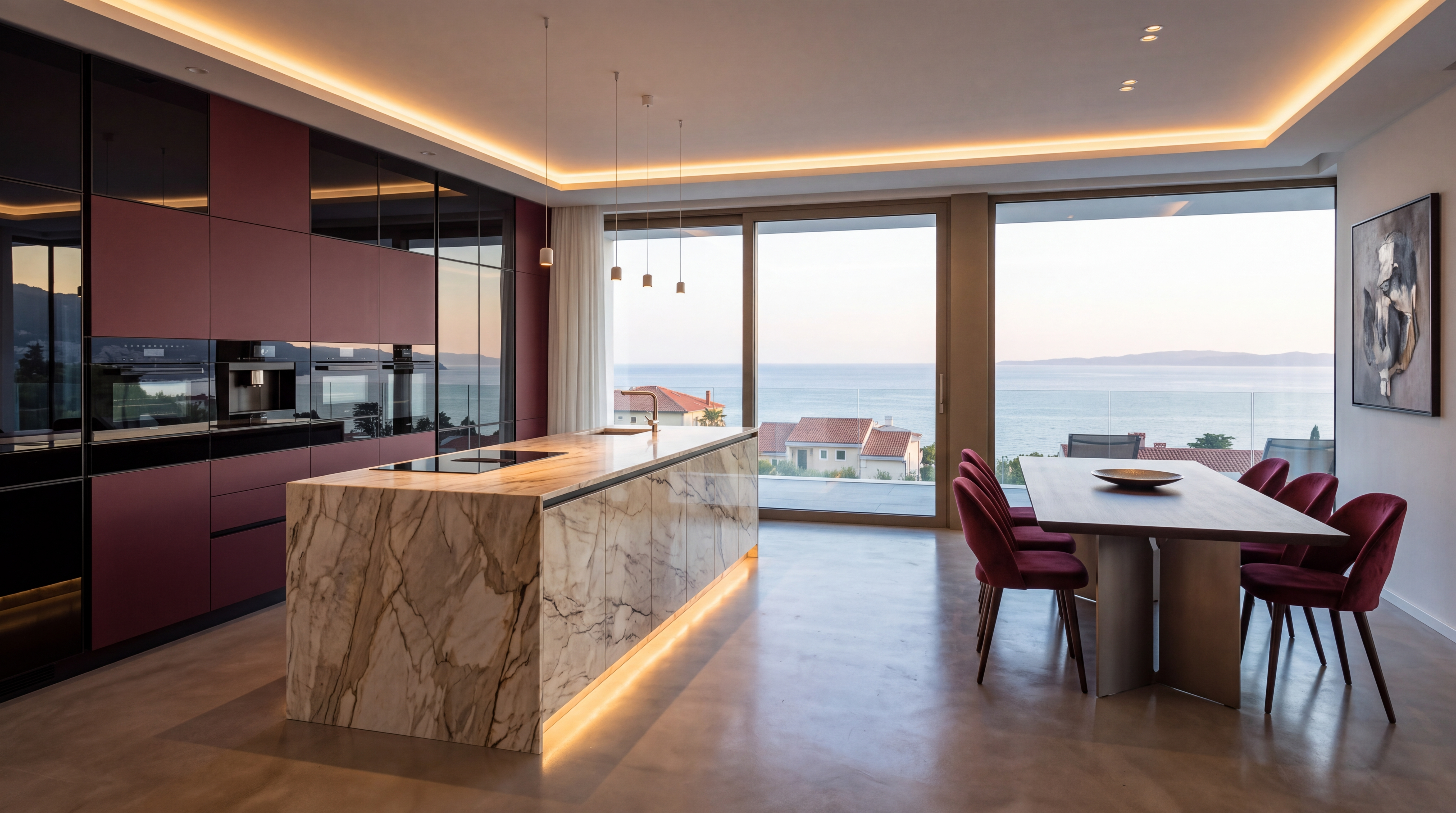 Moderno opremljena kuhinja u bordo i crnom tonu, Villa Ambasador Opatija