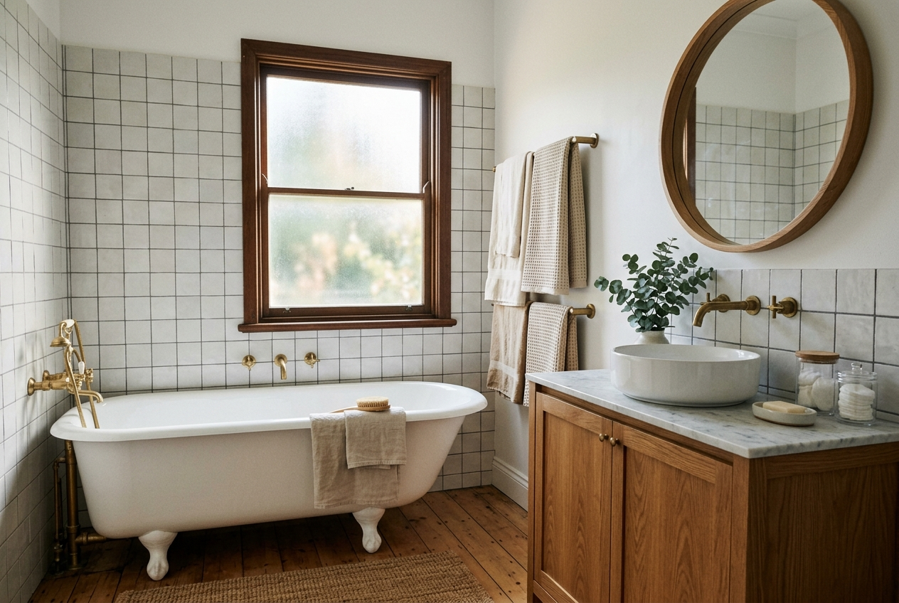 Serene farmhouse bathroom with freestanding tub and oak vanity