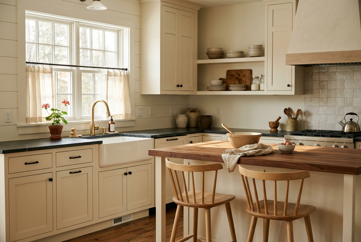 Warm farmhouse kitchen with cream cabinetry and morning light