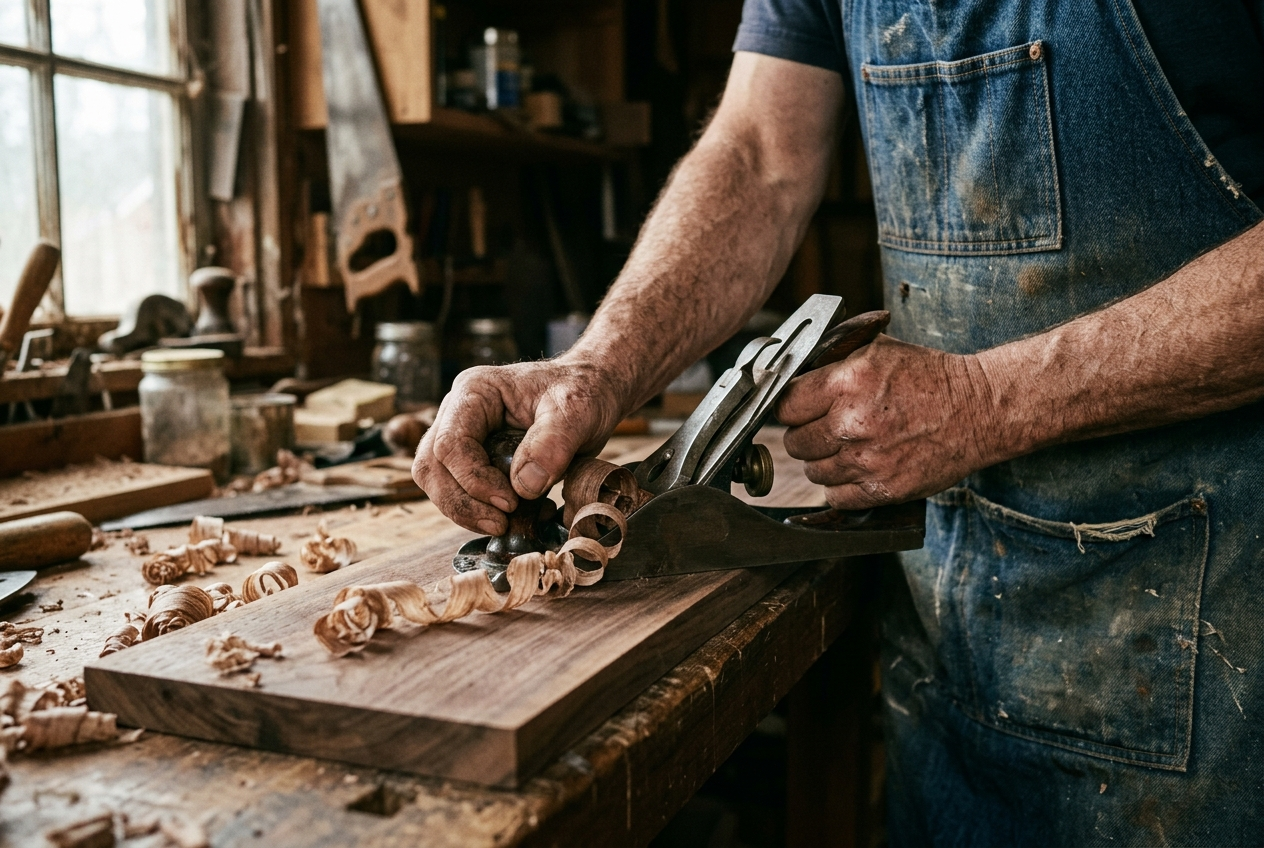 Craftsman's hands smoothing a walnut board with a hand plane
