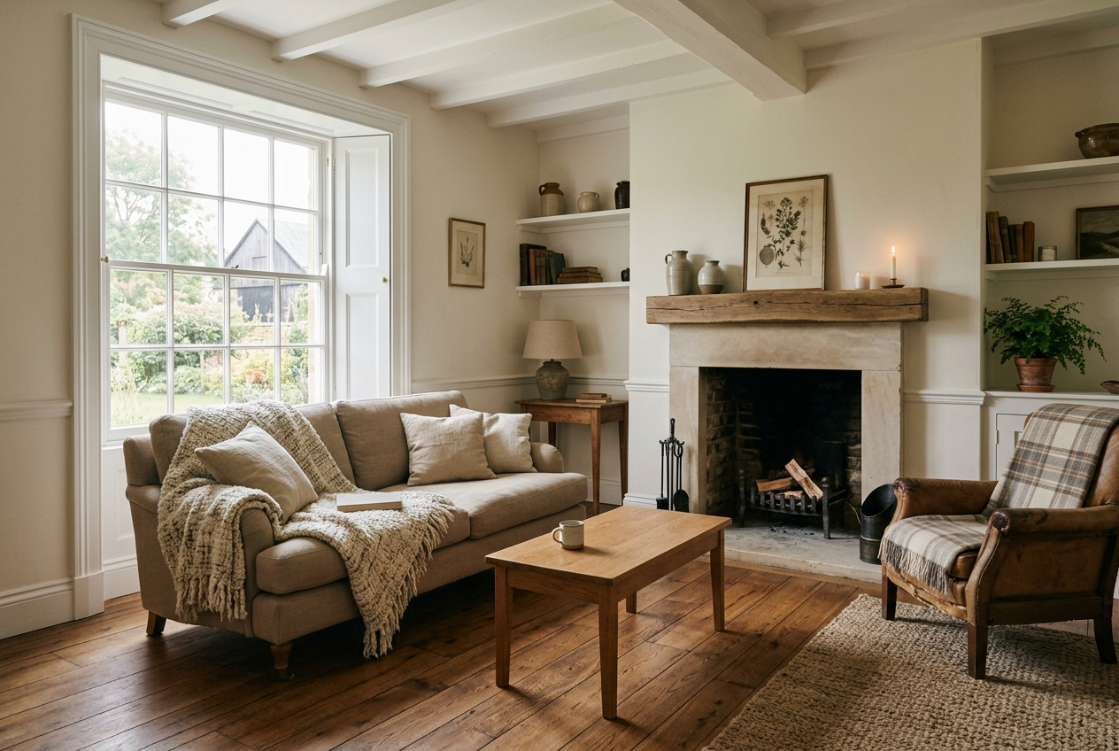 Renovated living room with refinished hardwood floors and stone fireplace
