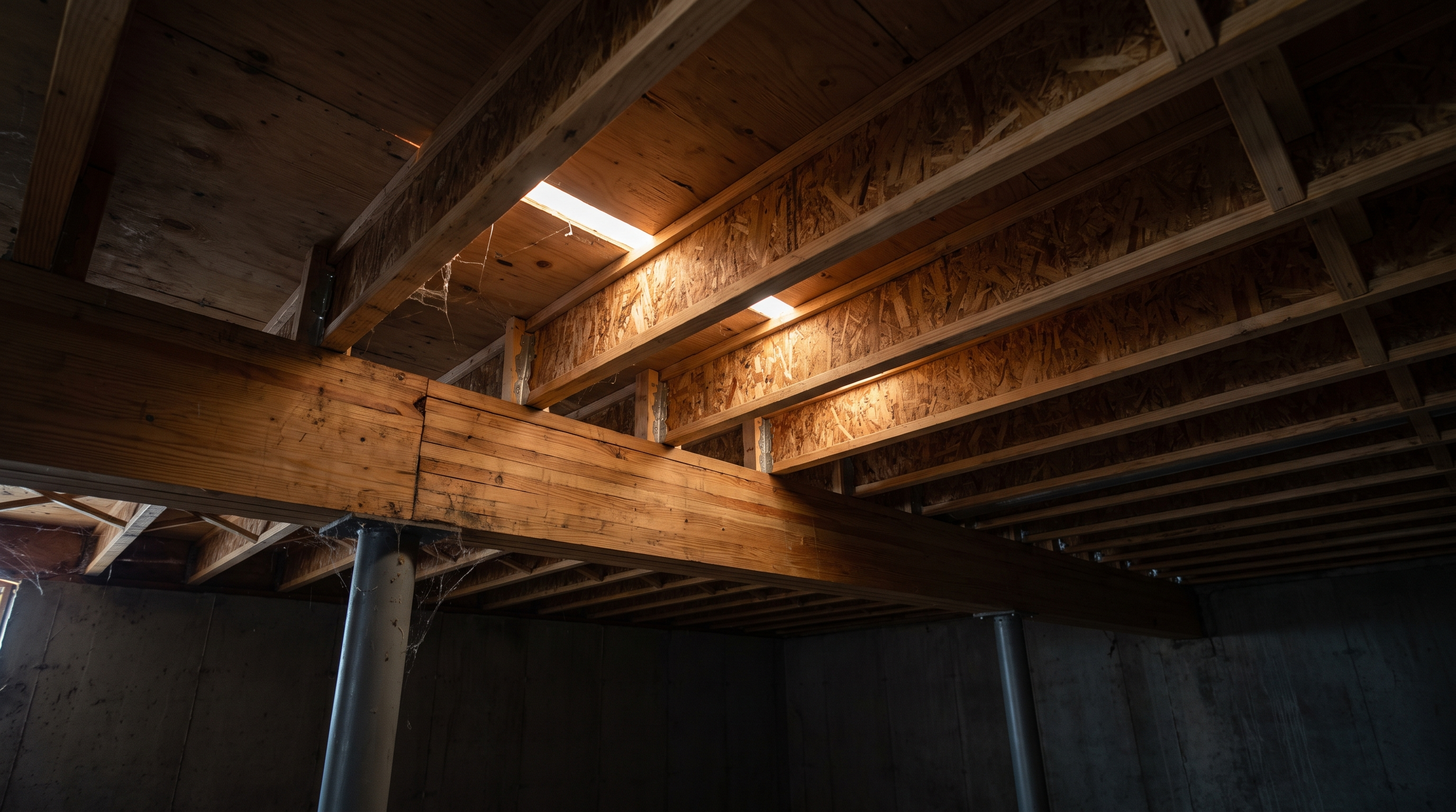 Floor framing viewed from a basement showing joists, girder beam and a steel support column