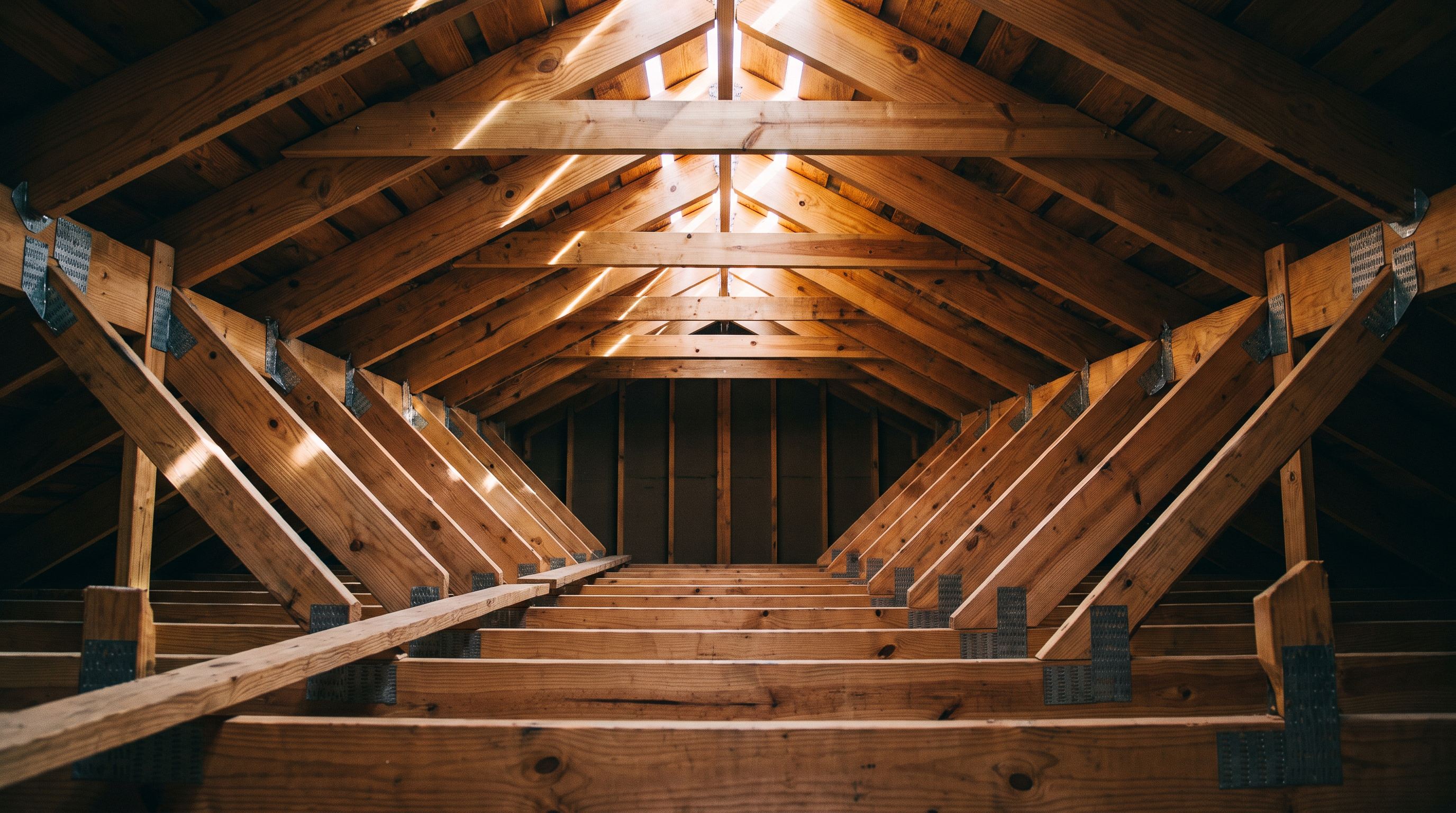 Stick-framed roof structure viewed from inside the attic with hurricane ties at every rafter