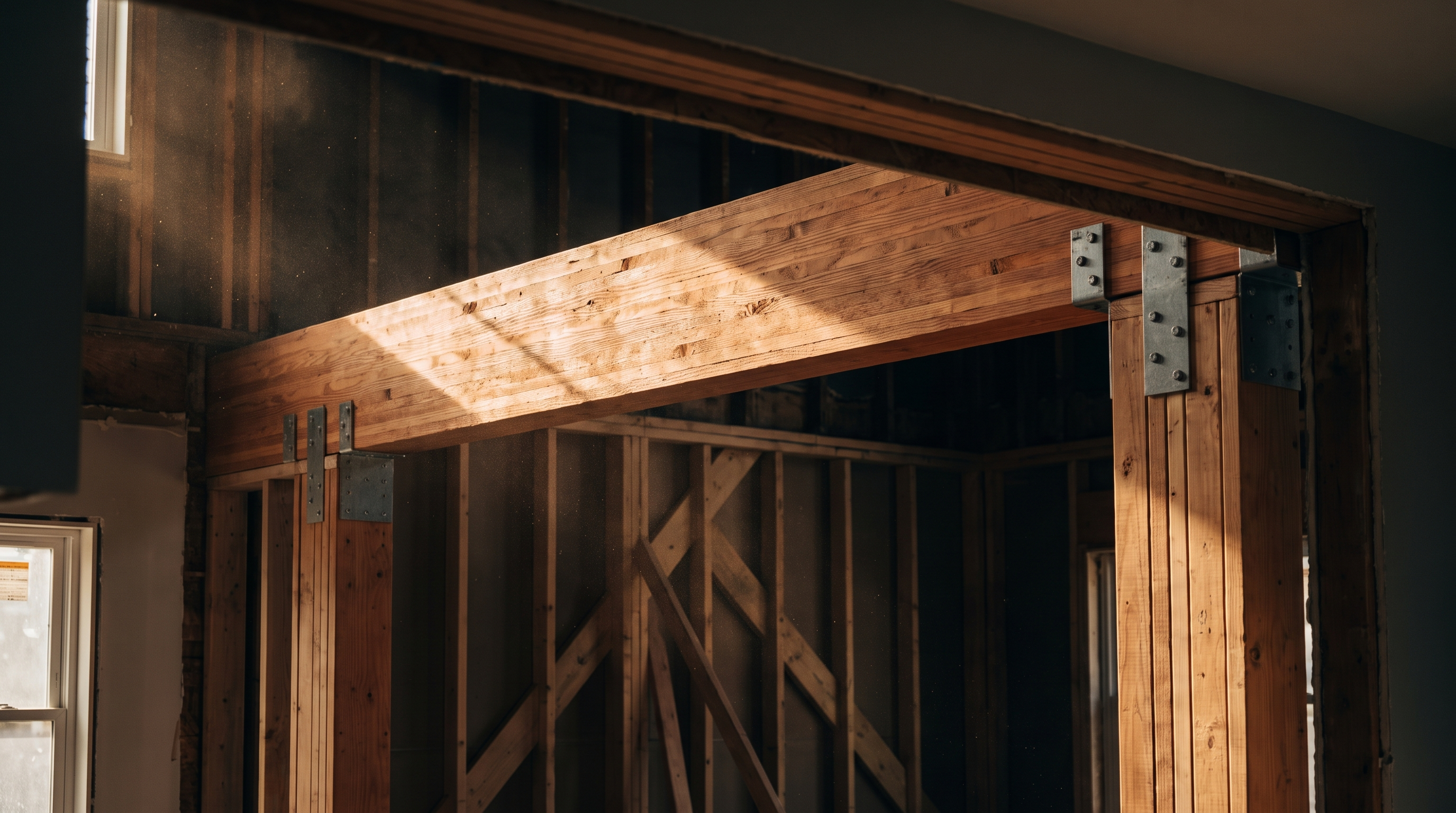 Engineered beam installed over a removed load-bearing wall with post columns