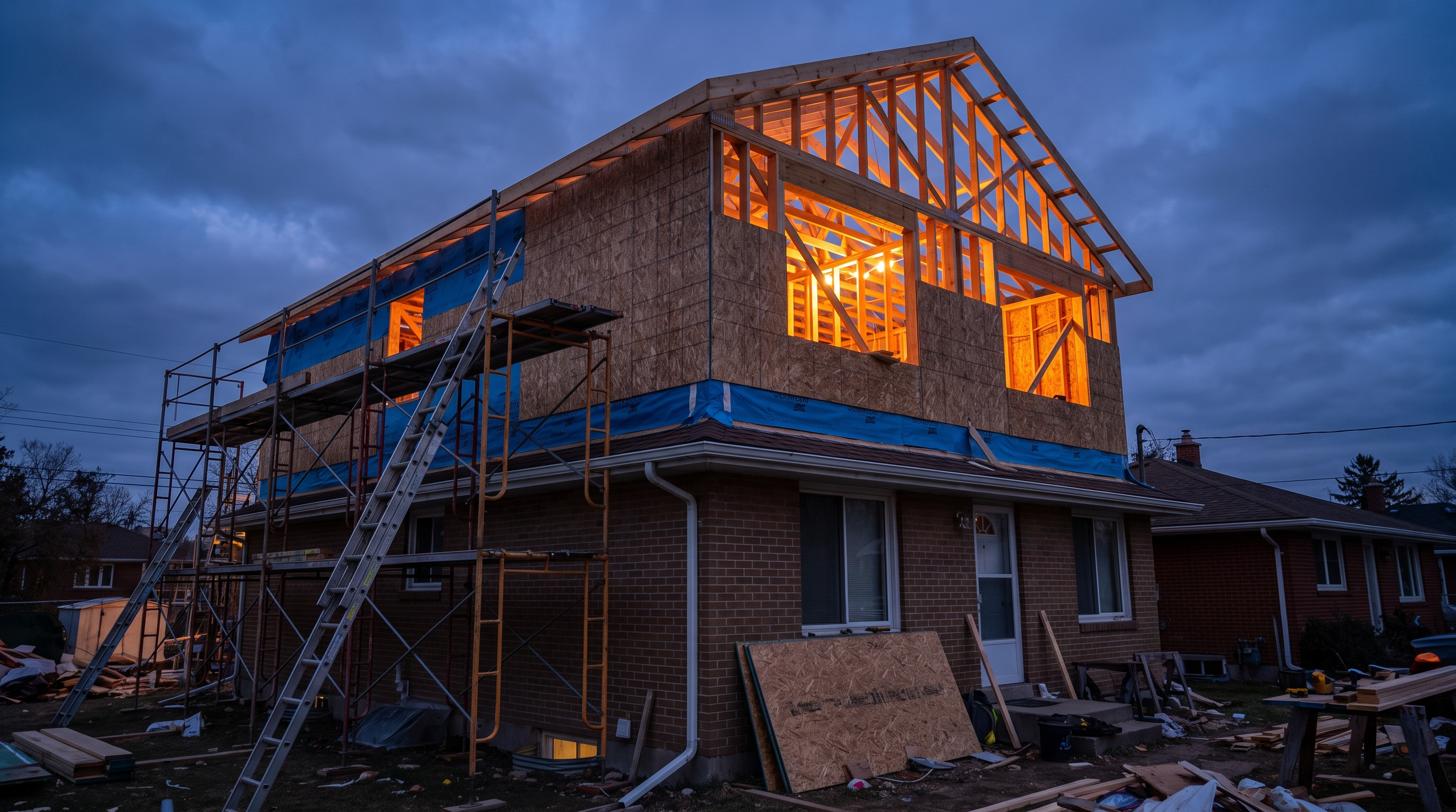 Second-story addition framed and partly sheathed above an existing brick ranch house at dusk