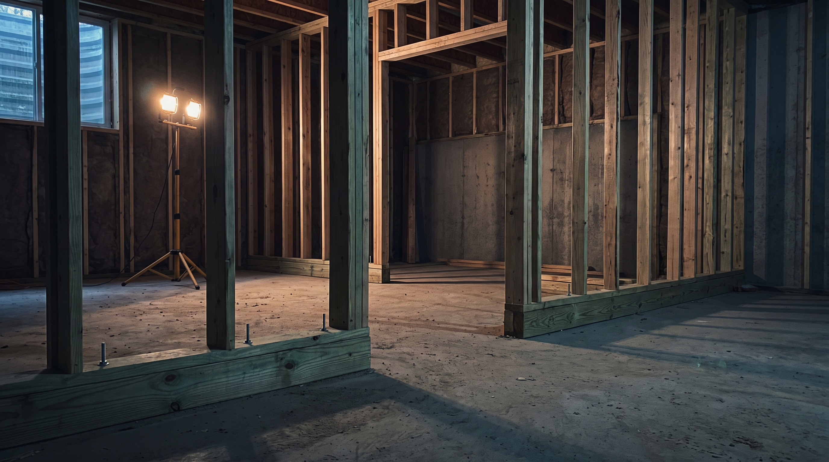 Basement partition walls with green pressure-treated bottom plates anchored to a concrete slab