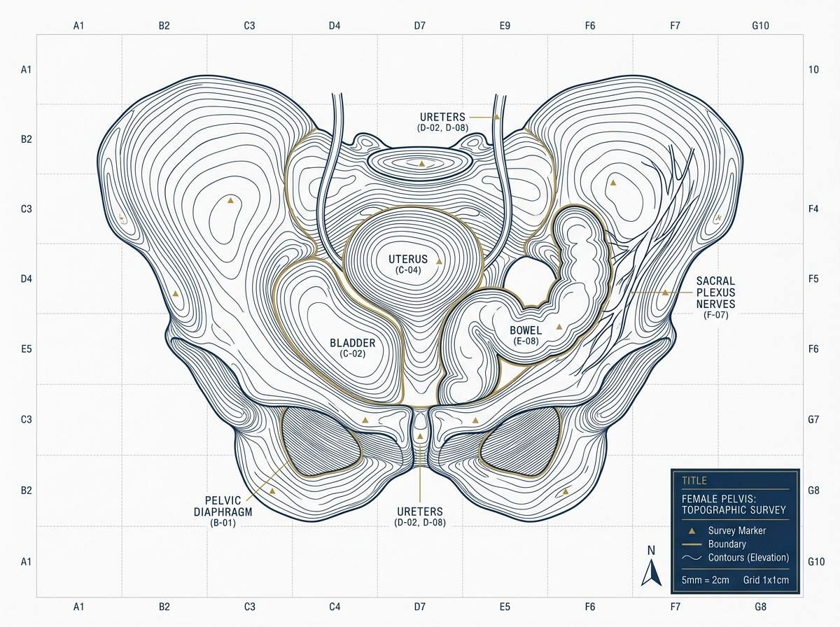 Illustrative survey-style map of sites where endometriosis is found