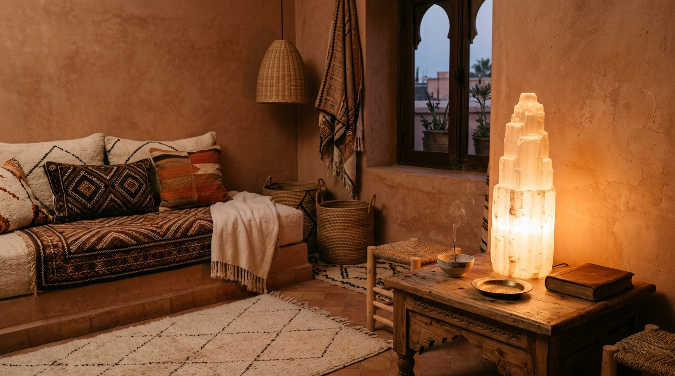 Intérieur chaleureux avec lampe en sélénite