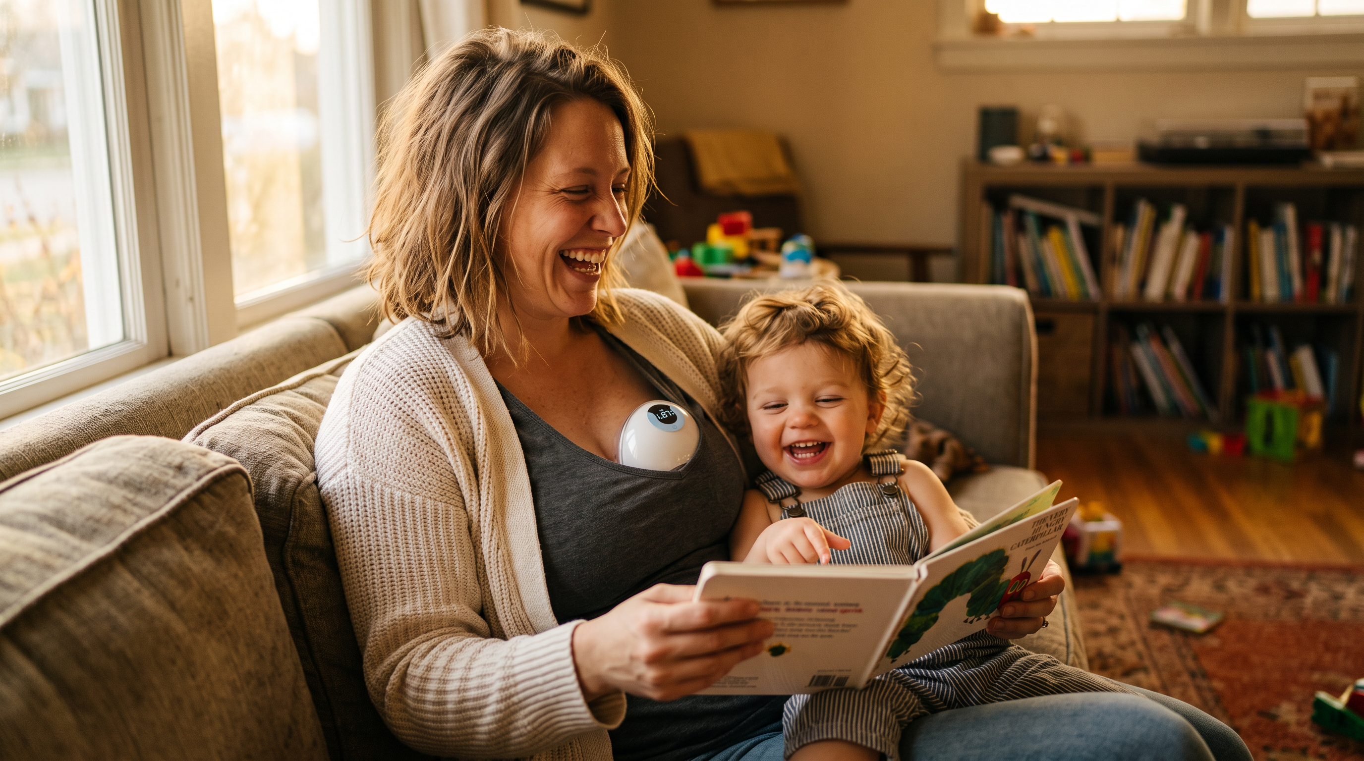 Mom reading to baby while pumping