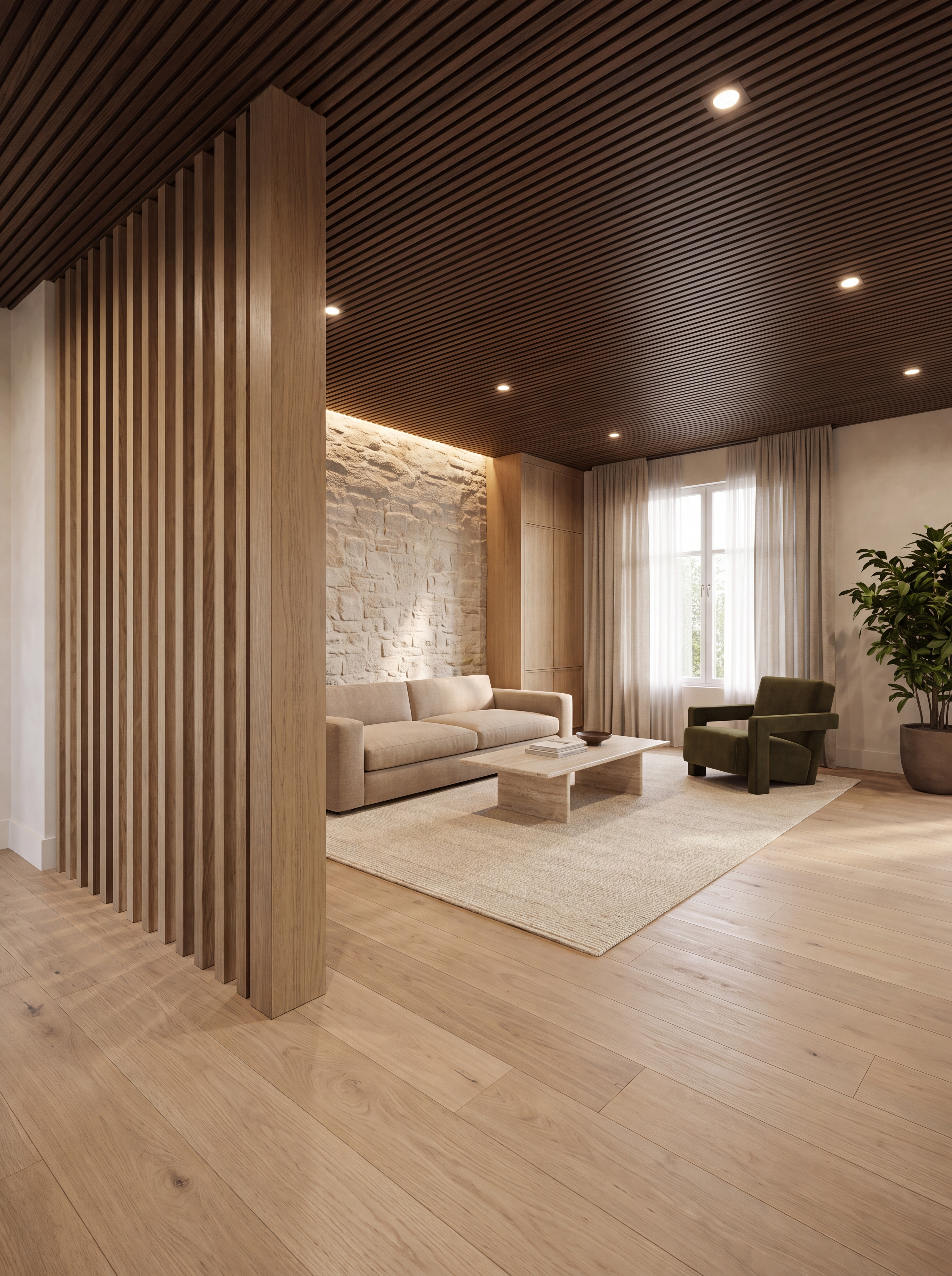 Dark wood slatted ceiling integrated with a room divider