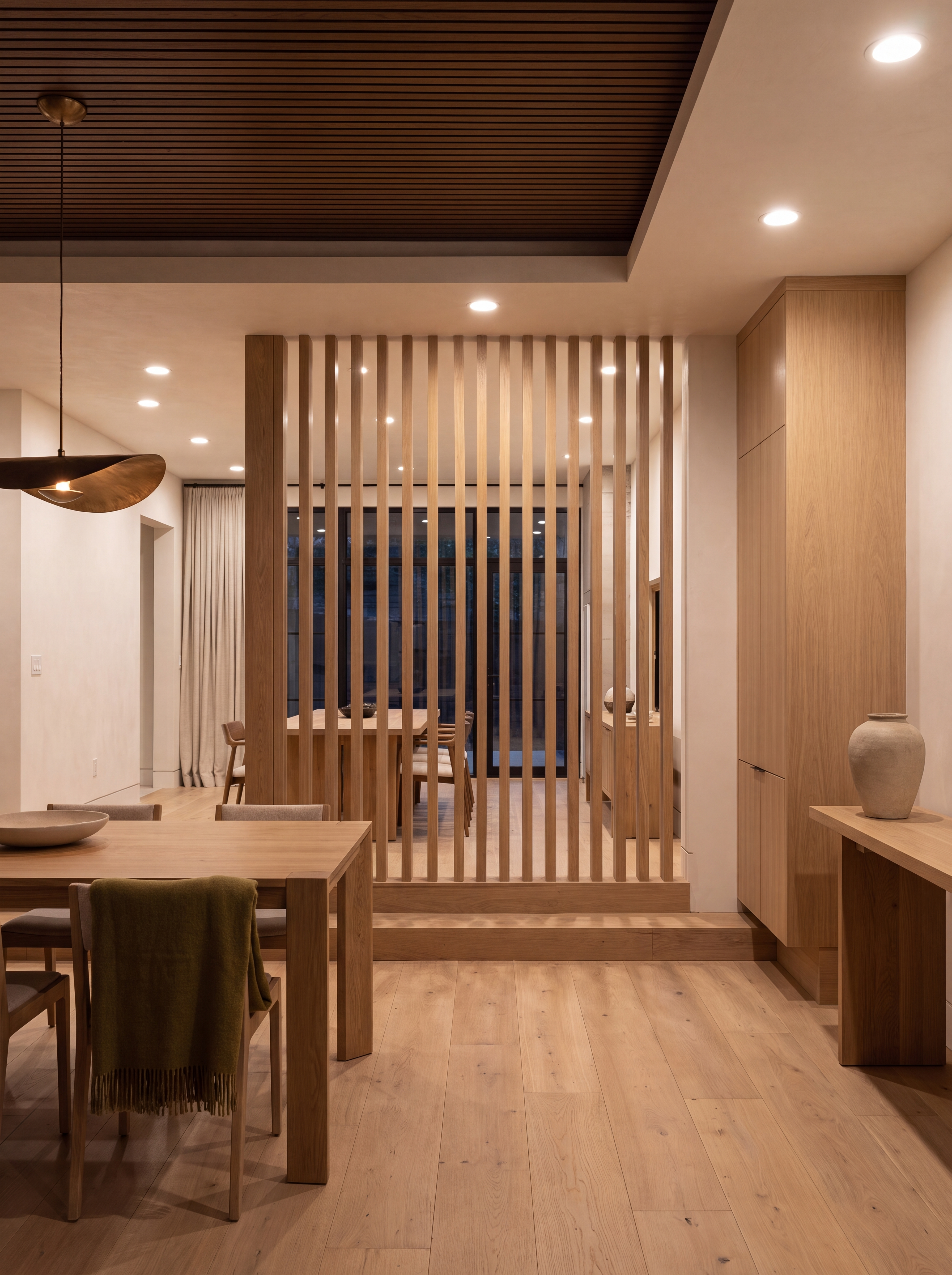 Wood slat ceiling and divider composition