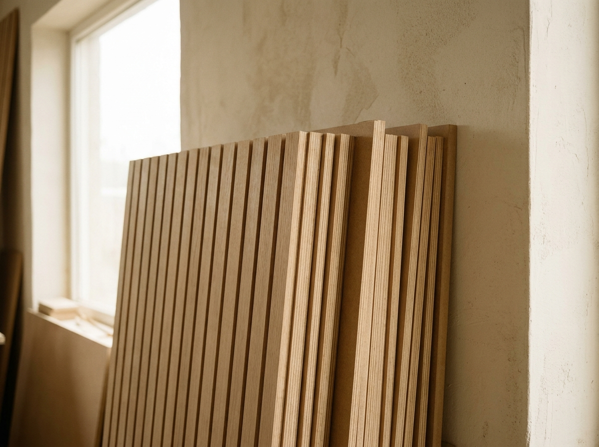 Handcrafted oak slat wall panels stacked and crated for shipping