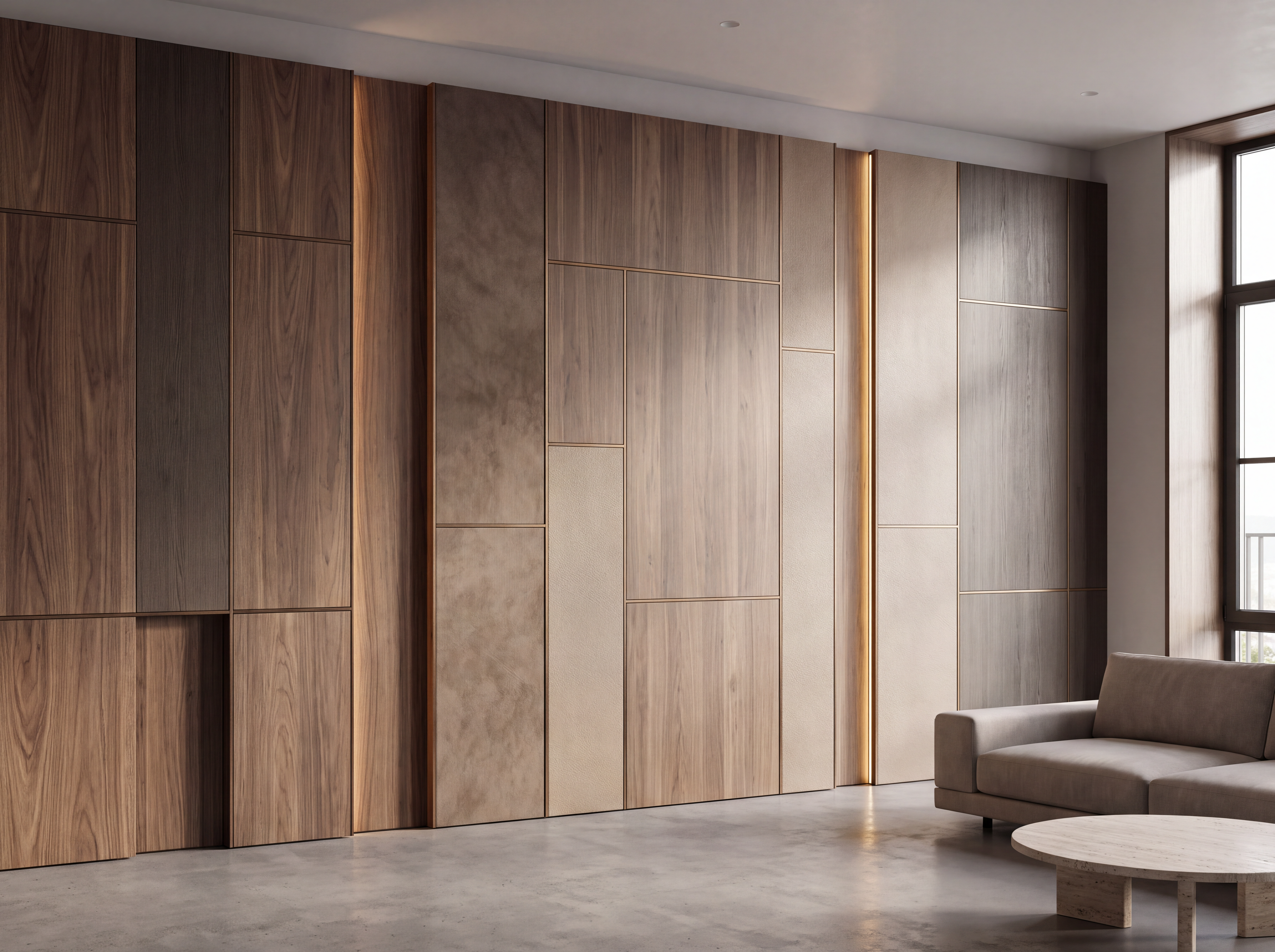 Custom walnut and neutral wall panel concept