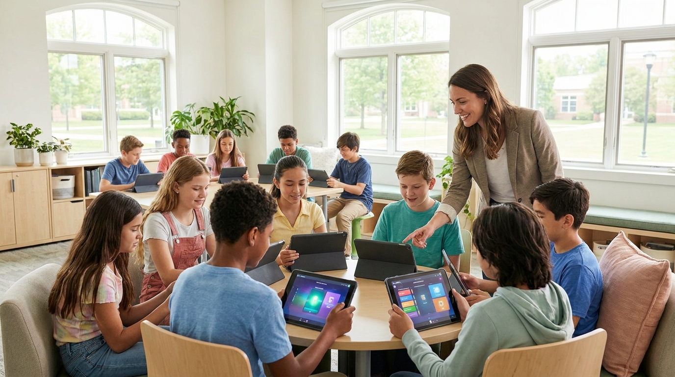 Students in a modern classroom using AI-assisted learning tools
