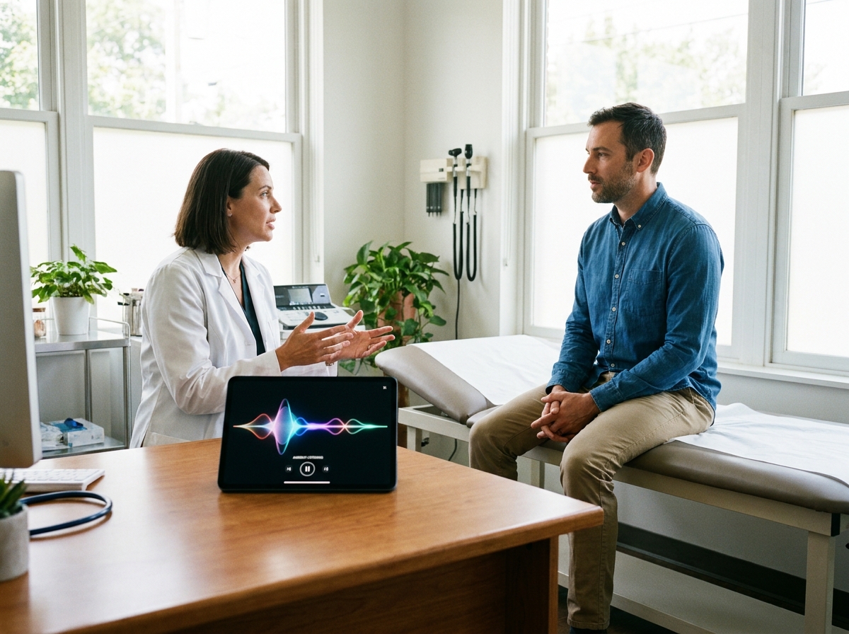 Doctor using ambient AI clinical documentation during patient visit