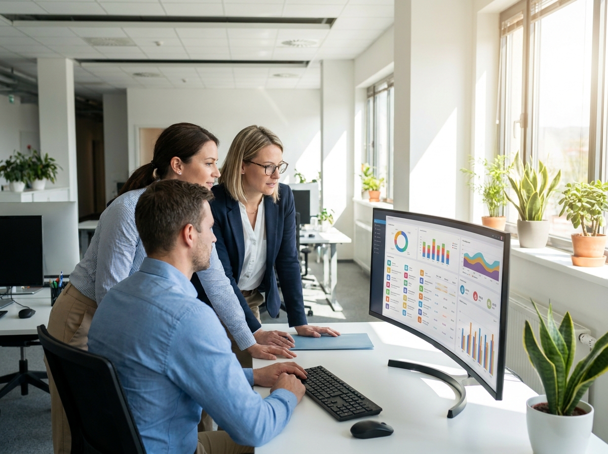Hospital staff reviewing an automated billing and claims dashboard
