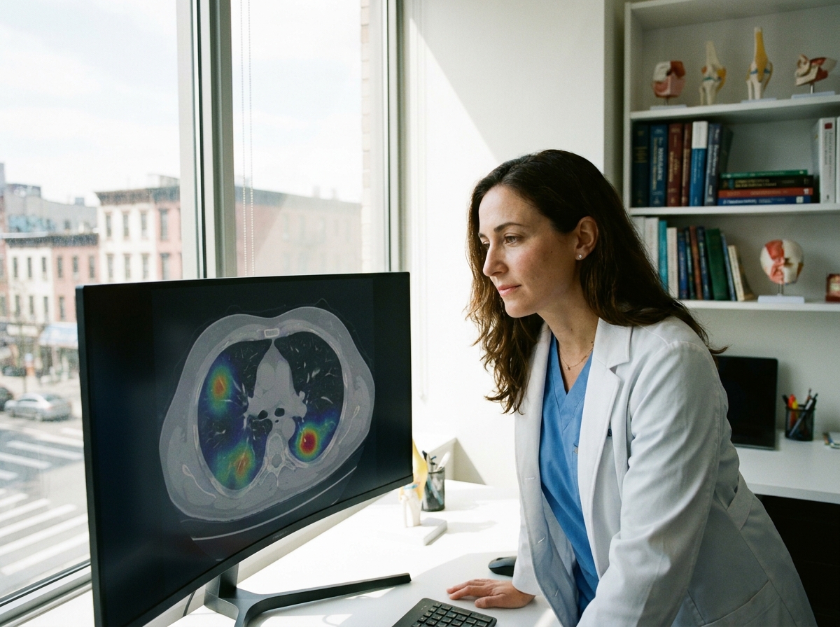 Radiologist reviewing AI-assisted diagnostic imaging scan