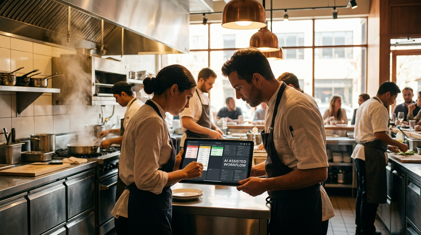 Restaurant staff using an AI ordering and kitchen dashboard