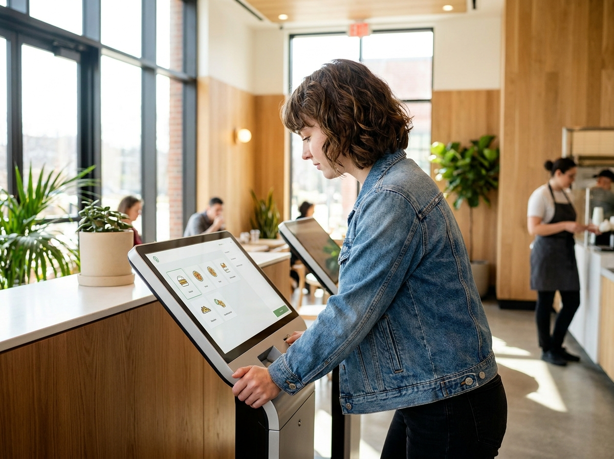 Customer using a self-service AI ordering kiosk in a restaurant