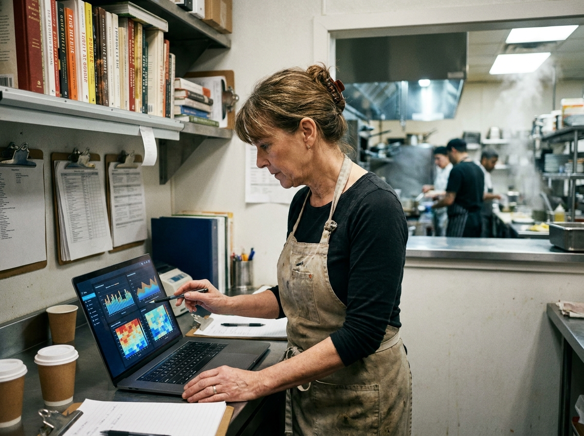 Restaurant manager reviewing an AI inventory and demand forecasting dashboard