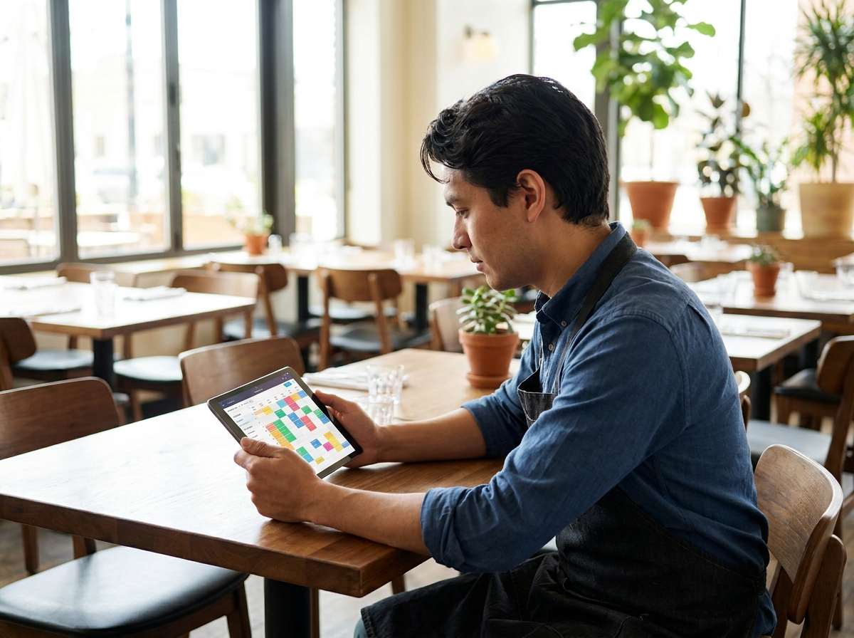 Restaurant manager building AI-optimized staff schedule on a tablet