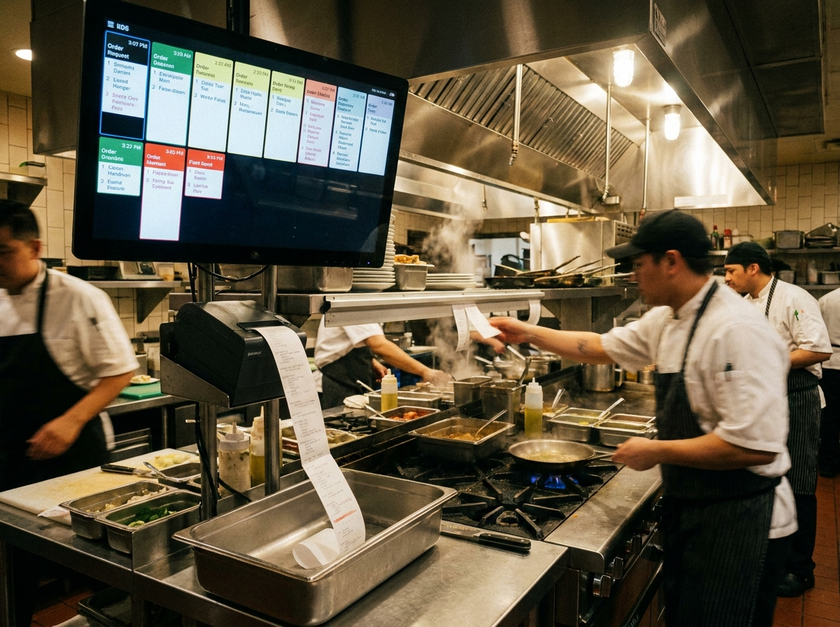 Kitchen display system with automated order tickets in a commercial kitchen