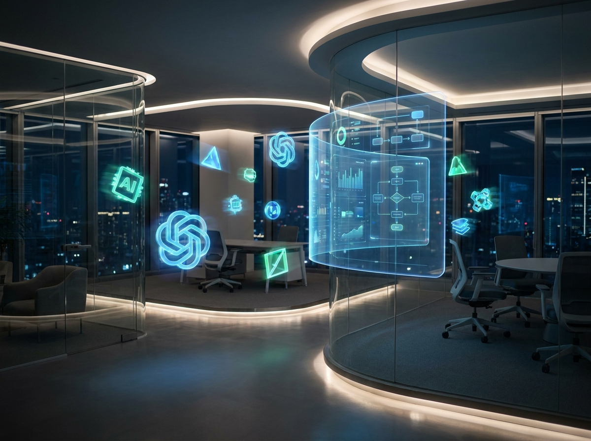 Glowing AI agent icons around automation dashboard