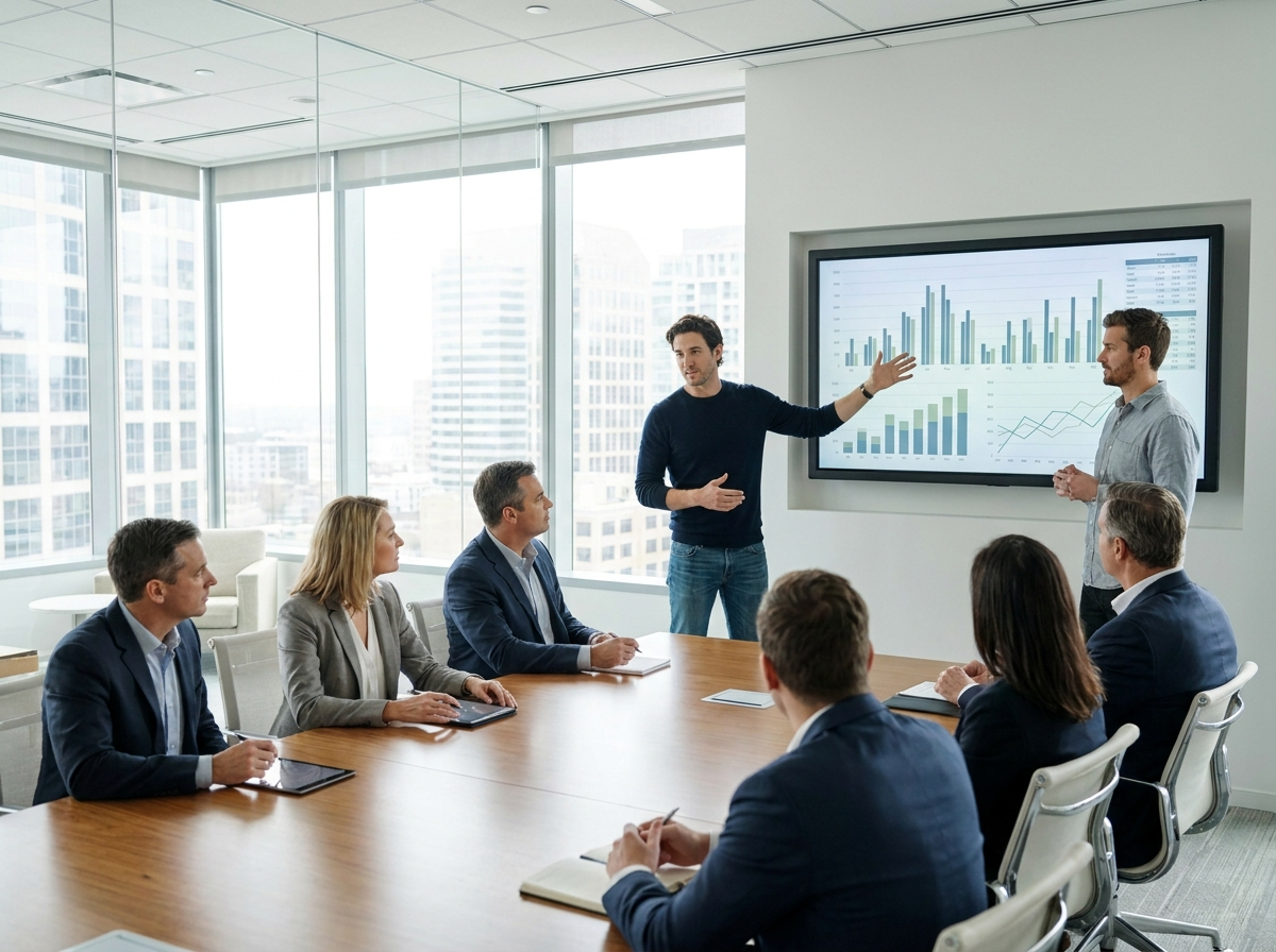 Founders pitching investors with financial charts