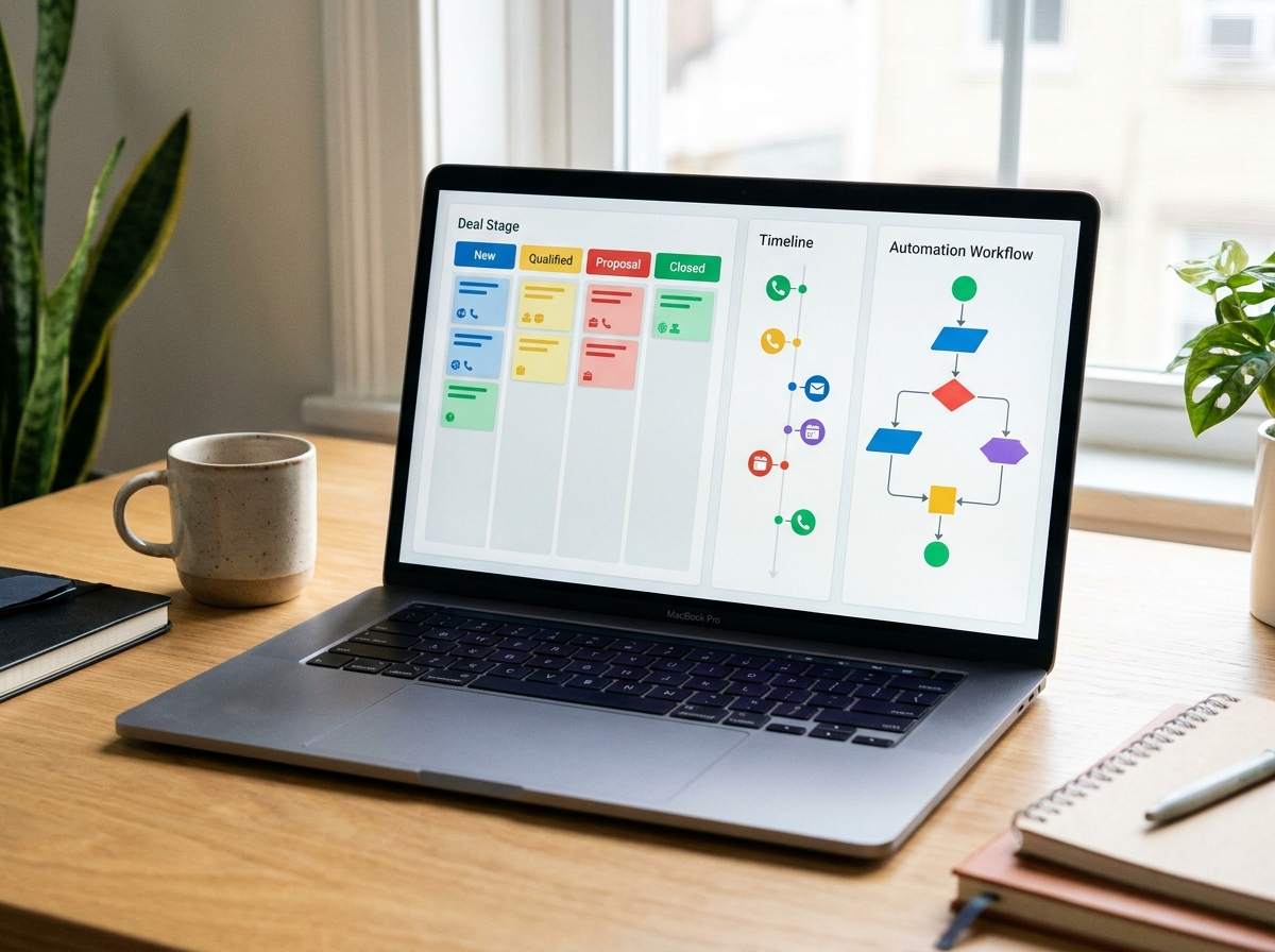 CRM dashboard with deal stages and contact timeline