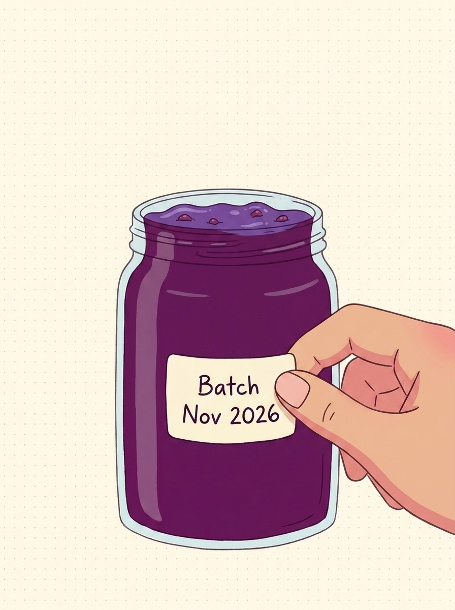 Eine Hand klebt ein Batch-Nov-2026-Etikett auf ein Glas Marmelade