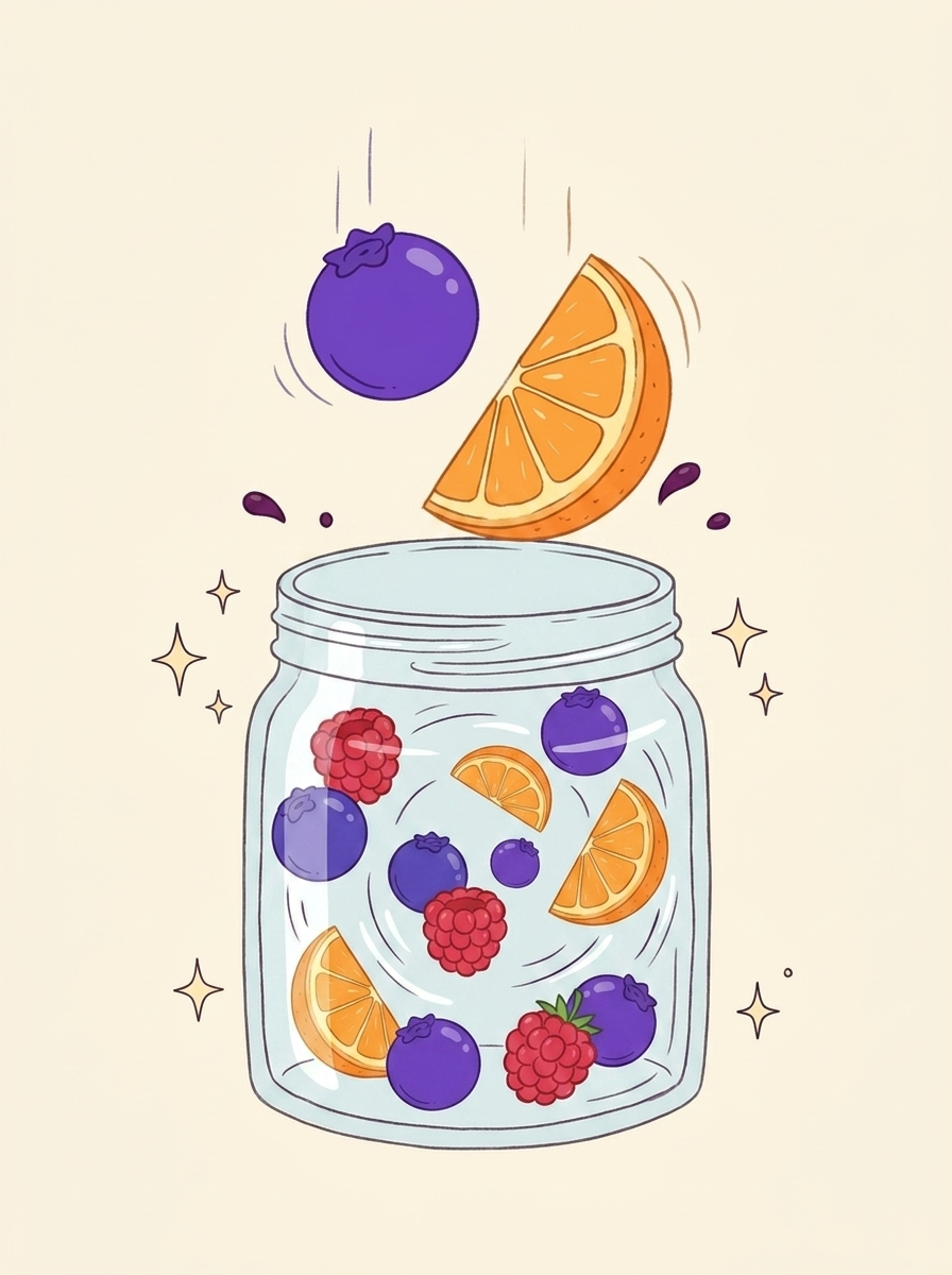 Ein Glas voller Beeren und Orangenscheiben, die im Kreis wirbeln