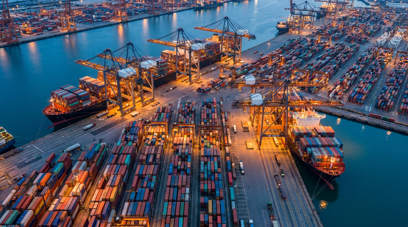 Aerial view of a container port at dusk with gantry cranes loading a ship